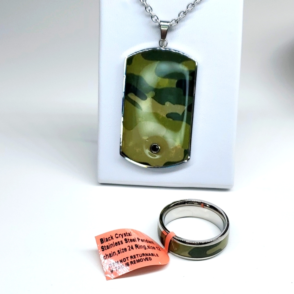 Black Austrian Crystal Men's Camouflage Ring Sz 12 and Dog Tag Pendant